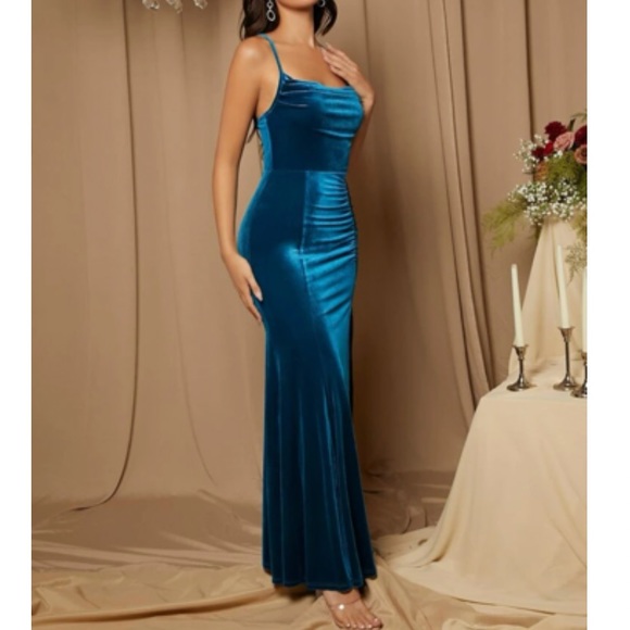 Luxe blue slit thigh crisscross back bridesmaids prom wedding velvet dress - Picture 2 of 9